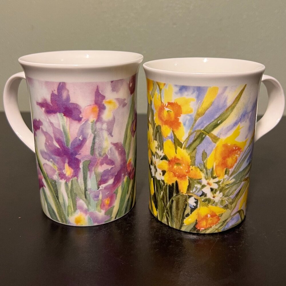 Vintage 1996 Sue Ellen Wilder Fine Bone China Mugs Set of 2 Crafted in England